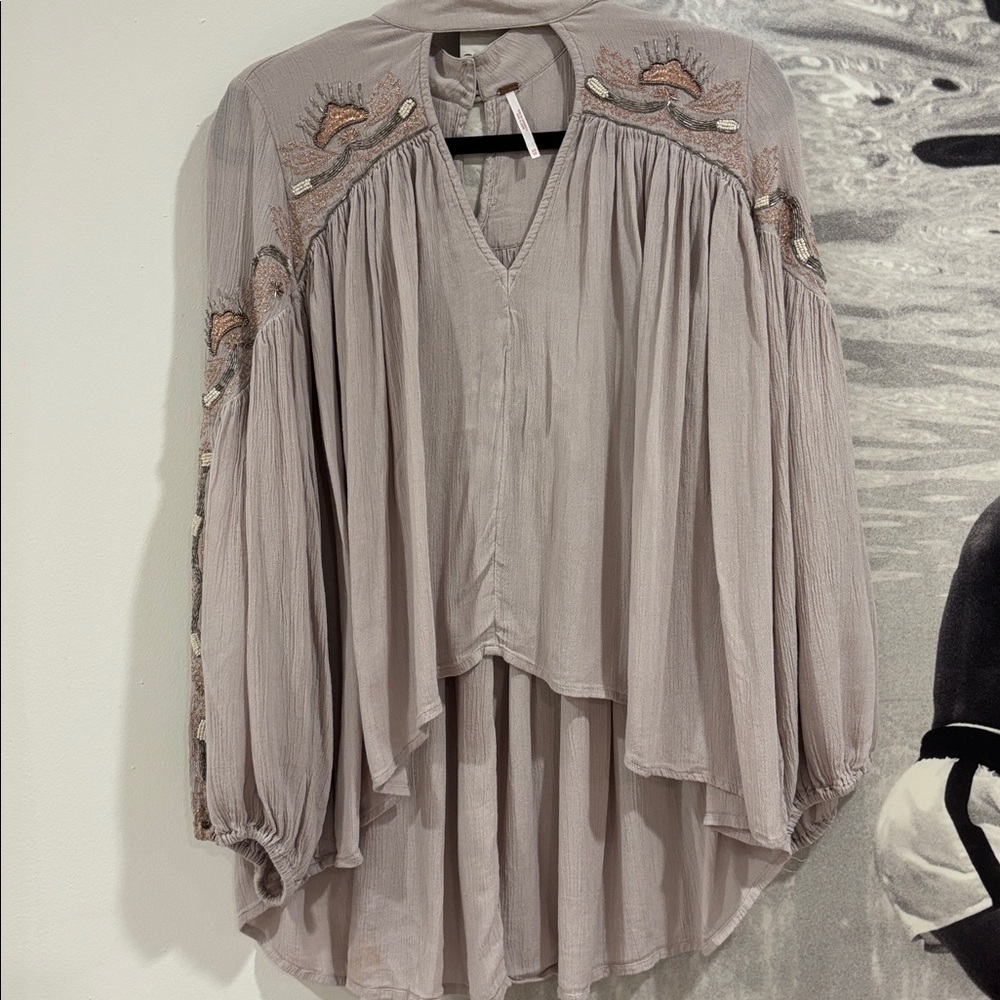 Free People Elegant Embroidery/beadee Gray high  low keyhole front open back top